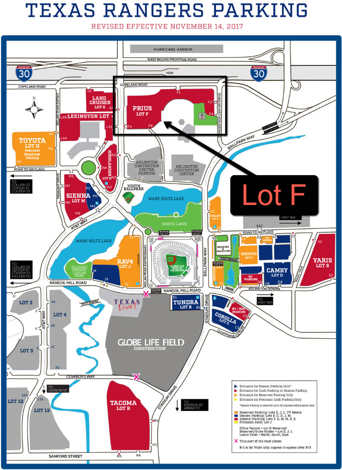 Map to Arlington Ball Park Parking Lot ‘F’